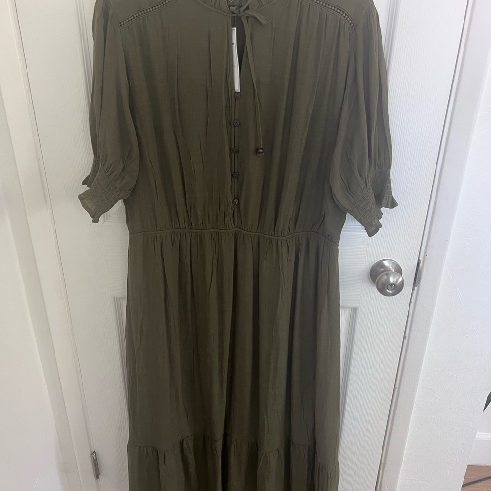 Women's Olive‎ Tie-Neck Midi Dress with Button Front